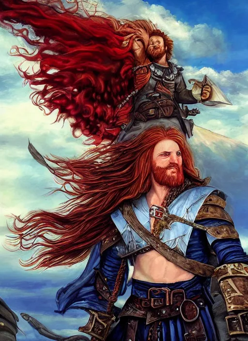 Image similar to epic fantasy portrait painting of a long haired, red headed male sky - pirate in front of an airship in the style of the king killer chronicles