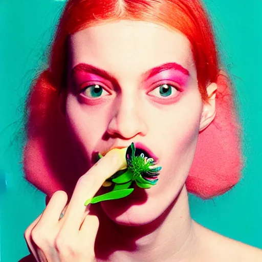 Image similar to a studio close - up portrait of a a fashion model smelling a plastic toy flower. surreal photograph, lo - fi, polished look, silly and serious, hermes ad, fashion photography, toiletpaper magazine by pierpaolo ferrari and maurizio cattelan, 3 5 mm photograph, colourful, by pierpaolo ferrari, maurizio cattelan, david lachapelle