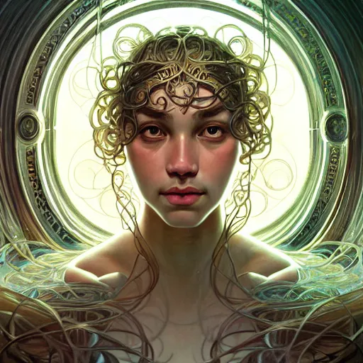 Image similar to Portrait of a girl surrounded by floating orbs, face, fantasy, intricate, elegant, highly detailed, digital painting, artstation, concept art, smooth, sharp focus, illustration, art by Gil Bruvel and Fernanda Suarez and Artem Demura and alphonse mucha