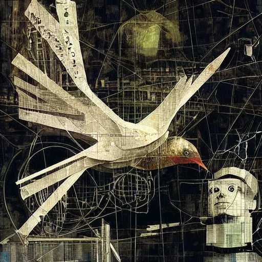 Prompt: a mechanical bird wanders between the virtual realms of urban informatics and computational social science, collage artwork by dave mckean and ivan shishkin and james jean