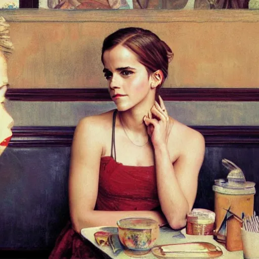 Prompt: Emma Watson at a diner, head and shoulders portrait, extremely detailed masterpiece, Roger Deakin’s cinematography, oil on canvas, Norman Rockwell.