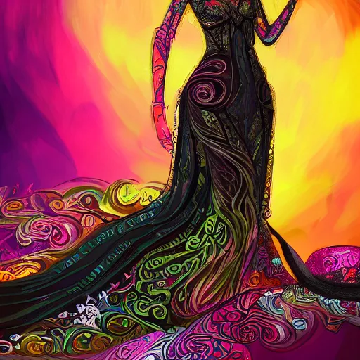 Prompt: A beautiful and mysterious woman in an intricate and colorful gown, with a black cat at her feet, digital painting, no blur, close up, details, sharp focus, elegant, highly detailed, trending on artstation, pixiv, and deviantart