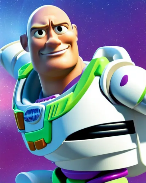 Image similar to Film still close-up shot of Dwayne Johnson as Buzz Lightyear in the movie Toy Story 3. Photographic, photography