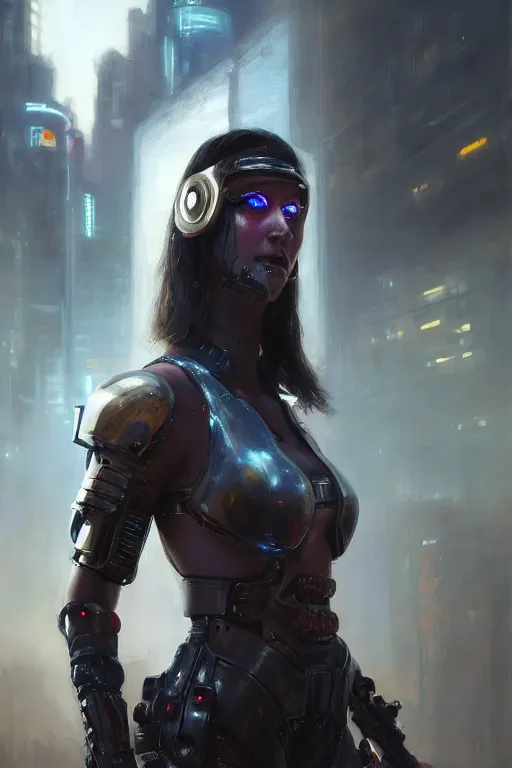 Prompt: portrait of a woman in cyberpunk armor in the middle of a battlefield. by Daniel F. Gerhartz, hyperrealistic oil painting, 4k, studio lightning