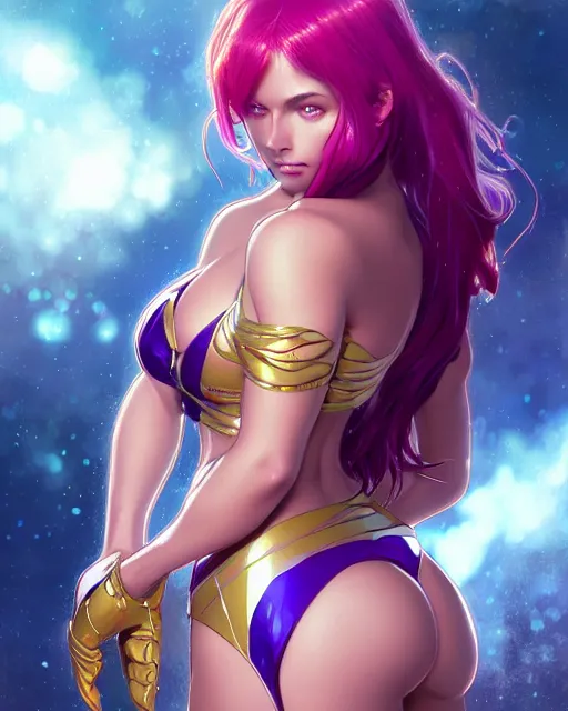 Image similar to ultra realistic photograph, cute woman as starfire anime, shiny plastic bikini, intricate, elegant, highly detailed, digital painting, artstation, concept art, smooth, sharp focus, illustration, art by artgerm and greg rutkowski and alphonse mucha and wlop