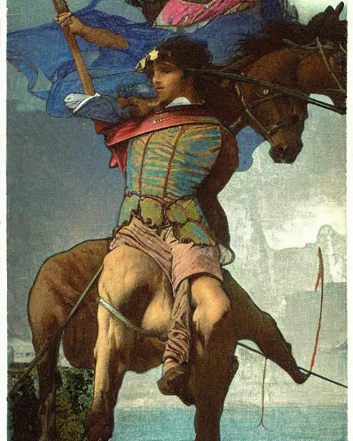 Prompt: Magician riding a horse leaving the castle through the bridge, thunderstorm, beach ocean on the background major arcana sky, paul delaroche, alphonse mucha, arnold böcklin, hyperrealistic 8k, very detailed