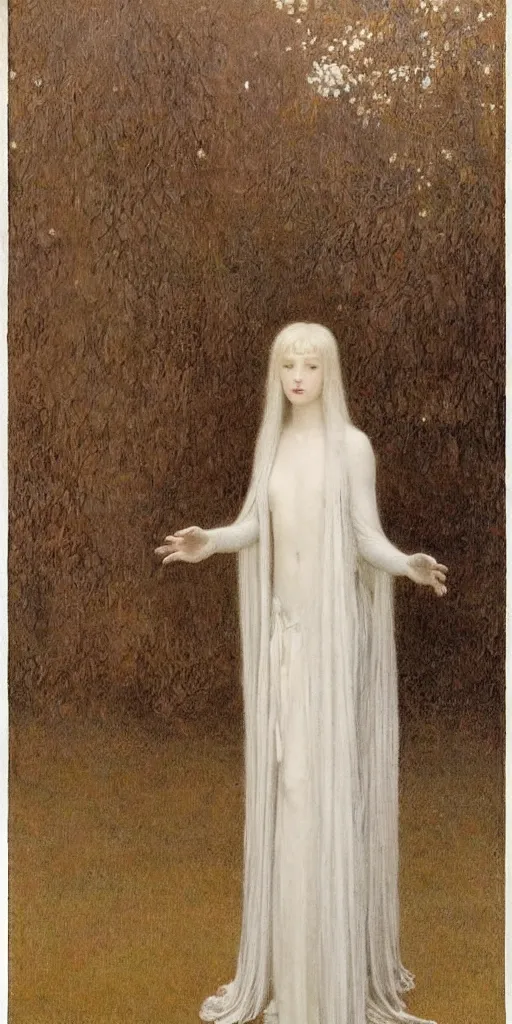 Prompt: Say who is this with silver hair so pale and Wan! and thin? beautiful lone single feminine!! angel in the style of Jean Delville, Lucien Lévy-Dhurmer, Fernand Keller, Fernand Khnopff, oil on canvas, 1896, 4K resolution, aesthetic, mystery