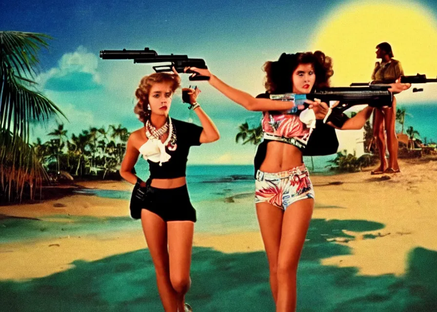 Image similar to 1 9 8 6 vintage movie screencap of a girl with a gun on a narco mansion, gucci clothes, night sky, beach and tropical vegetation on the background, 1 9 8 6 photo