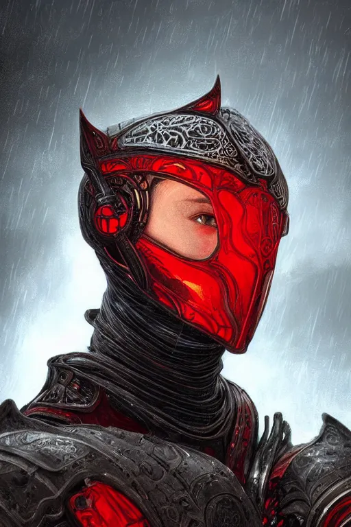 Image similar to portrait siniter knights of Zodiac boy, black and red color reflected armor, in ruined Agora of Athens rainy night, ssci-fi and fantasy, intricate and very very beautiful and elegant, highly detailed, Frostbite Engine, digital painting, artstation, concept art, smooth and sharp focus, illustration, art by tian zi and WLOP and alphonse mucha