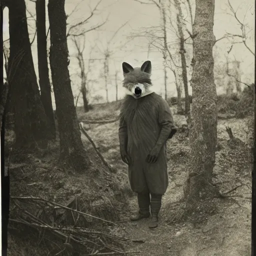 Prompt: anthropomorphic fox man doing fieldwork, 1910s film still