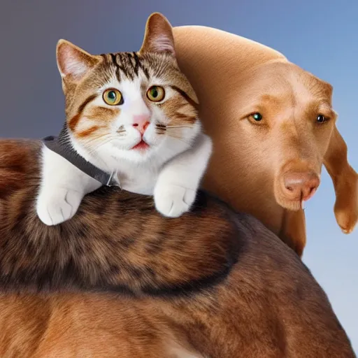 Image similar to a cat sitting on a dog's back while the dog is riding a horse, realistic, 4k