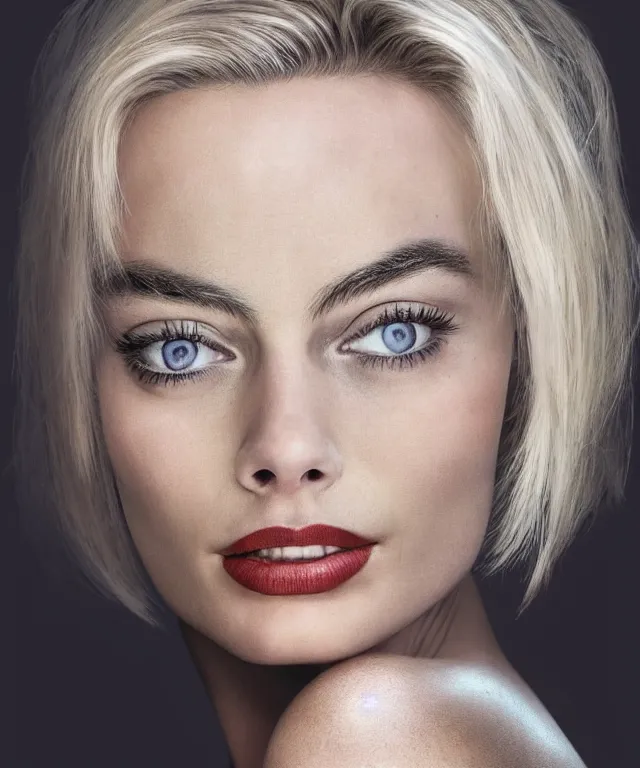 Prompt: photo of margot robbie, platinum blond, intense, exaggerated facial features, photorealistic caricature, by sebastian kruger