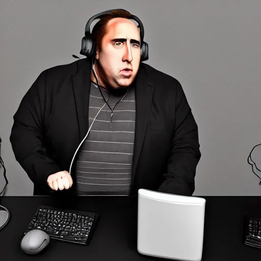 Prompt: Obese Nicolas Cage wearing a headset and yelling at his monitor