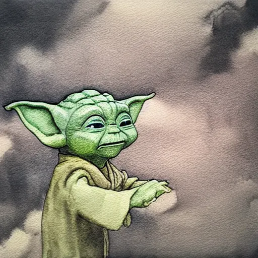 Prompt: view from above, shot from 5 0 feet distance, baby yoda on a well lit path in a dimly lit forest. dramatic clouds, setting sun, watercolor and ink, muted color. minimalist, detailed ue 5