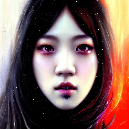 Image similar to jisoo of blackpink, hyperrealistic portrait, bladerunner street, by karol bak and agnes cecile, fantasy art, photo realistic, dynamic lighting, artstation, poster, volumetric lighting, very detailed face, intricate complexity, rule of thirds, 8 k, award winning, unreal engine