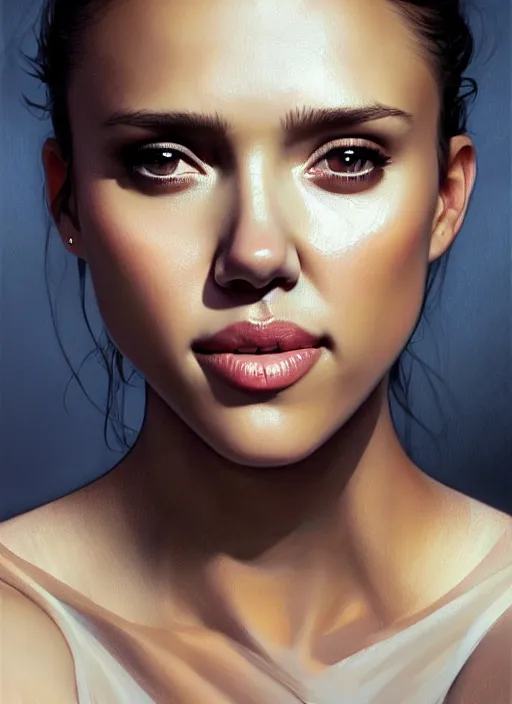 Image similar to half Jessica Alba half Nathalie Portman half scarlett johansonna pure seductive angel, full body portrait, slight smile, diffuse natural sun lights, autumn lights, highly detailed, digital painting, artstation, concept art, sharp focus, illustration, art by wlop and greg rutkowski and alphonse mucha and artgerm