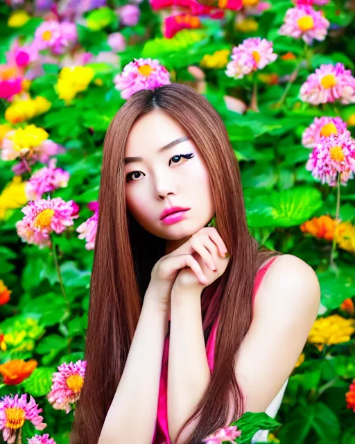 Prompt: an stunning beautiful chinese girl is surrounded by colourful flowers and plants, symmetric face and eyes, upper body face shot, long straight blonde hair, visible face 5 0 mm f 2. 2