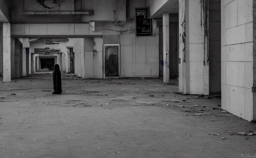 Prompt: a hooded figure, standing in a dark abandoned mall, photography