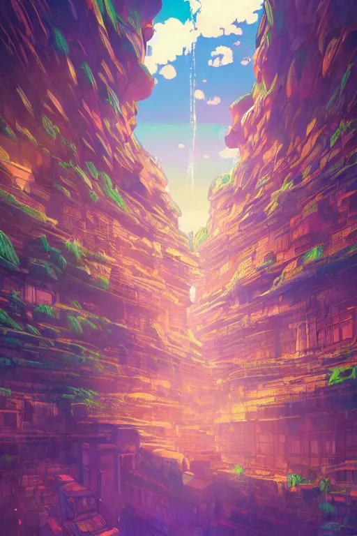 Image similar to cave city inception reflected on ceiling 4 k digital paint by studio ghibli hayao miyazaki. vivid colours, vaporwave lighting style, very sharp and detailed. trending on artstation and behance.