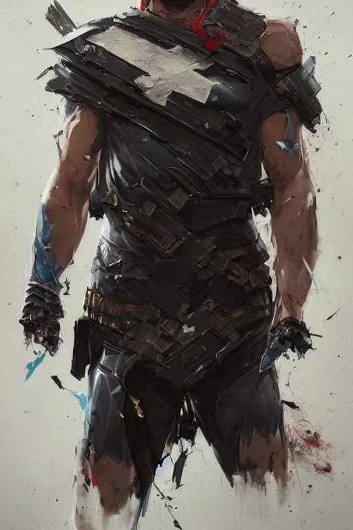 Image similar to hyper realistic painting of a young man wearing a tattered superhero costume. tactical. black. hyper detailed face. anime concept art. 4 k. art by greg rutkowski trending on artstation. extremely detailed.