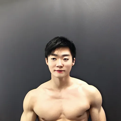 Image similar to a blond korean 2 0 year old man with large muscles and abs