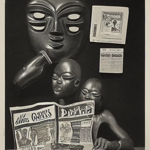 Image similar to An advertisement for a gallery, African artifacts, masks, objects, newspaper style, black and white, colonial, African Arts magazine, 70s