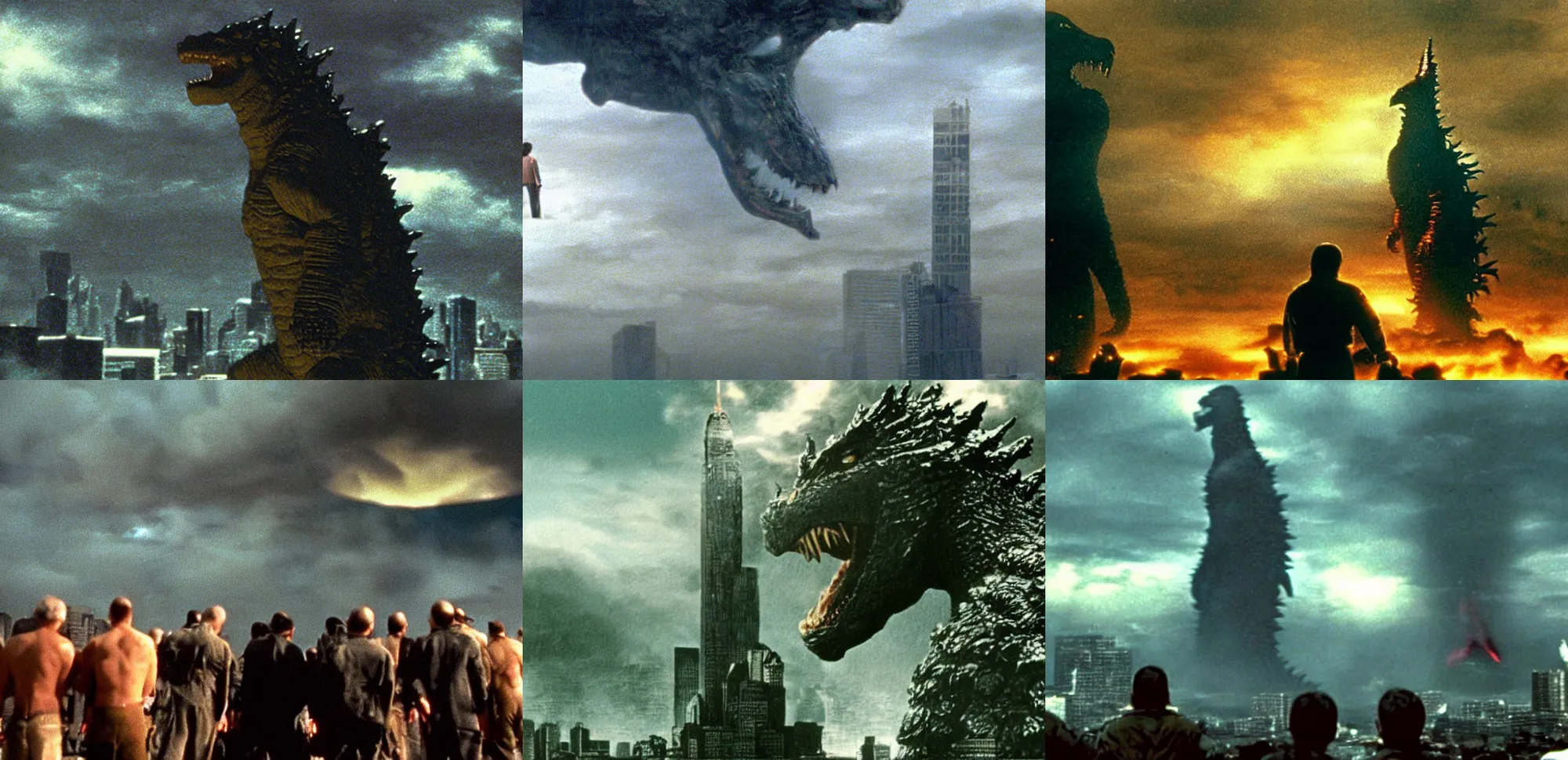 Prompt: Men look up at the sky, frightened, Scenes from Godzilla(2000)