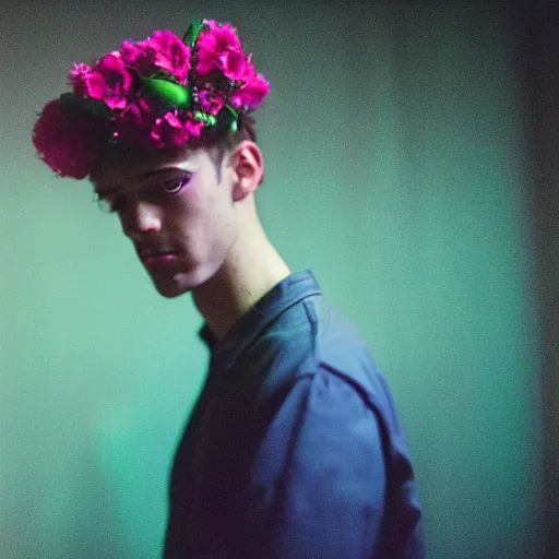 Prompt: close up kodak portra 4 0 0 photograph of a skinny guy standing in a vip club bathroom, back view, flower crown, moody lighting, telephoto, 9 0 s vibe, blurry background, vaporwave colors, faded!,