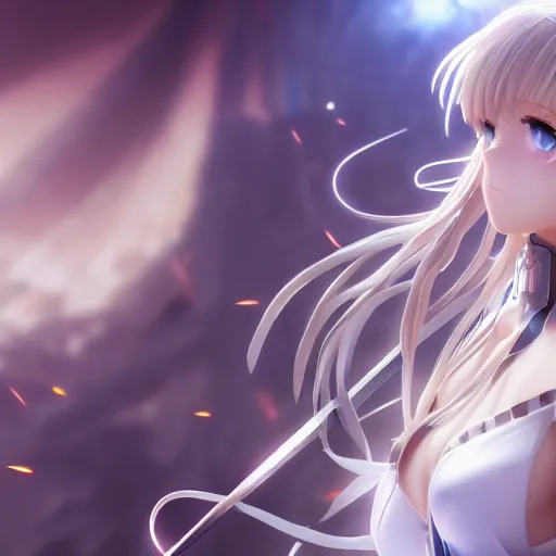 Prompt: Saber Lily render as a very beautiful 3d anime girl, hot petite, long braided hair, hazel eyes, full round face, short smile, cinematic lightning, medium shot, mid-shot, highly detailed, trending on Artstation, Unreal Engine 4k, cinematic wallpaper