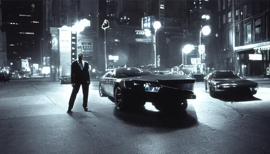 Image similar to peter weller in robocop costume, standing under a street lamp at night in downtown future detroit. leaning against a futuristic police car. criterion collection, movie still. 7 0 mm. imax. film.