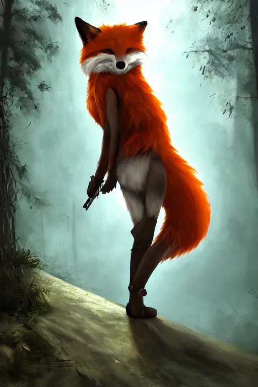 Prompt: a medevial anthropomorphic fox assassin with a fluffy tail in the forest, trending on artstation, furry art, digital art, warm light, bokeh, backlighting, assassins creed, cgi