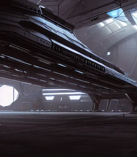 Image similar to highly detailed cyberpunk Spaceship hangar concept render, unreal engine artstation
