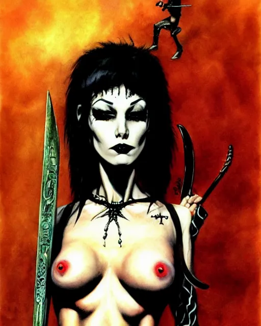 Prompt: portrait of a skinny punk goth magician by simon bisley, john blance, frank frazetta, fantasy, barbarian, hardcore