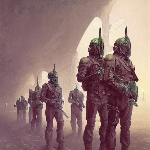 Image similar to portrait of futuristic soldiers squad on the art deco streets of the undying empire city of ya - sattra during the festival of masks, snow, winter, award - winning realistic sci - fi concept art by beksinski, bruegel, greg rutkowski, alphonse mucha, and yoshitaka amano