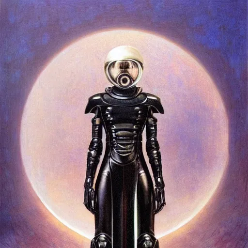 Image similar to portrait of beautiful gothic and futuristic fashion model, space armour, cyber armour, highly detailed, artstation, illustration, composition, 8 k quality, art by jean delville, rene magritte, hyperrealism oil painting