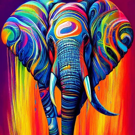 Image similar to fluid dynamics flow art a painting of an elephant with a colorful swirl, acrylic marbling art by sam spratt, deviantart, psychedelic art, psychedelic, cosmic horror, chromatic