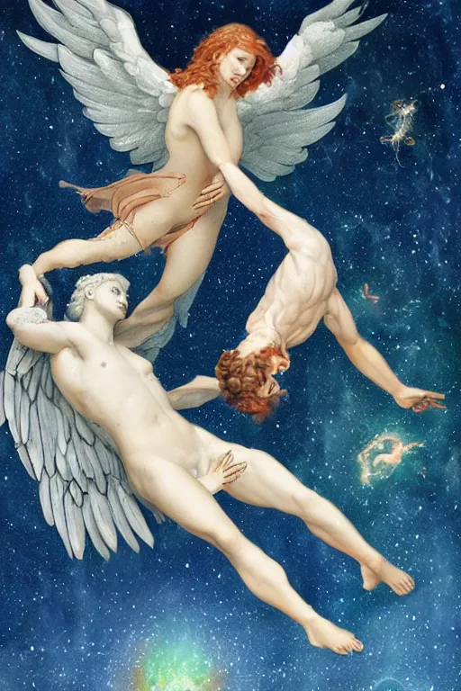 Image similar to angel falling to andromeda, very high resolution images, very fine details, very realistic, drawn by yulia iosilzon, and simone graci, plus a touch from raden pious in the depth of color and emotion