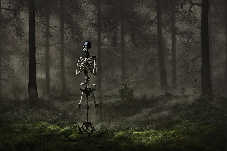 Image similar to a burning human skeleton sitting in foggy forest behind computer at moonlight night, overgrown with moss, dark atmosphere, scary dark fantasy, horror, highly detailed