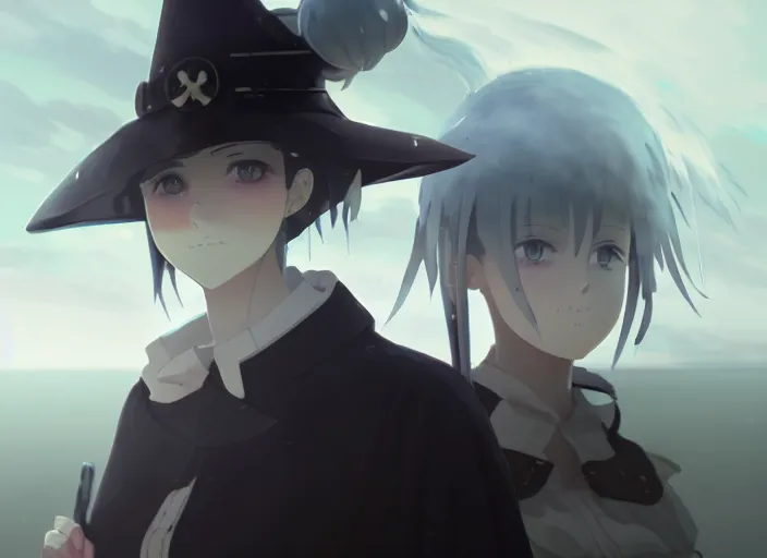 Image similar to portrait of inquisitor maria, helm of second world war warship in background, fog landscape, illustration concept art anime key visual trending pixiv fanbox by wlop and greg rutkowski and makoto shinkai and studio ghibli and kyoto animation, dark fantasy, symmetrical facial features, astral witch clothes, dieselpunk, gapmoe yandere grimdark, backlit