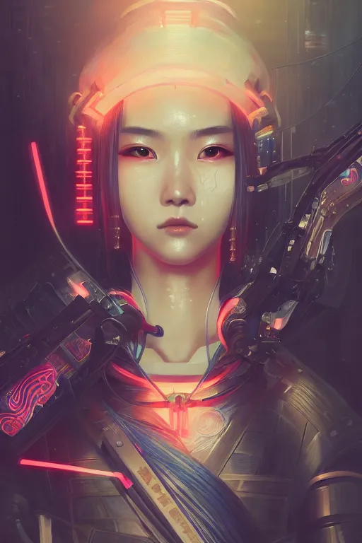 Image similar to portrait futuristic Samurai Girl, in future cyberpunk tokyo rooftop , ssci-fi, fantasy, intricate, very very beautiful, elegant, human anatomy, neon light, highly detailed, digital painting, artstation, concept art, smooth, sharp focus, illustration, art by tian zi and WLOP and alphonse mucha