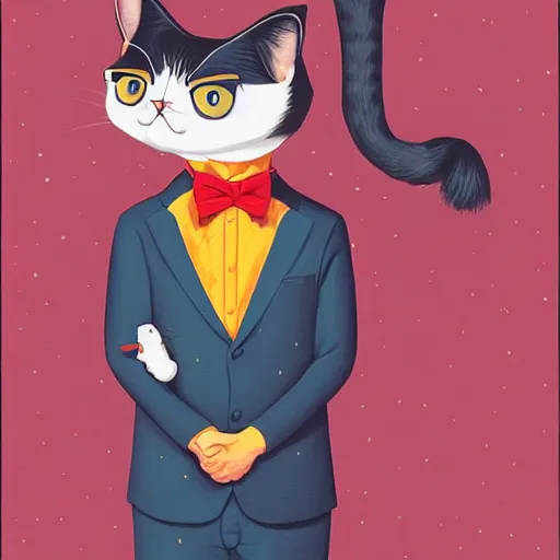 Image similar to portrait illustration of funny cat in the tuxedo by jeremiah ketner, quint buchholz, wlop, dan mumford