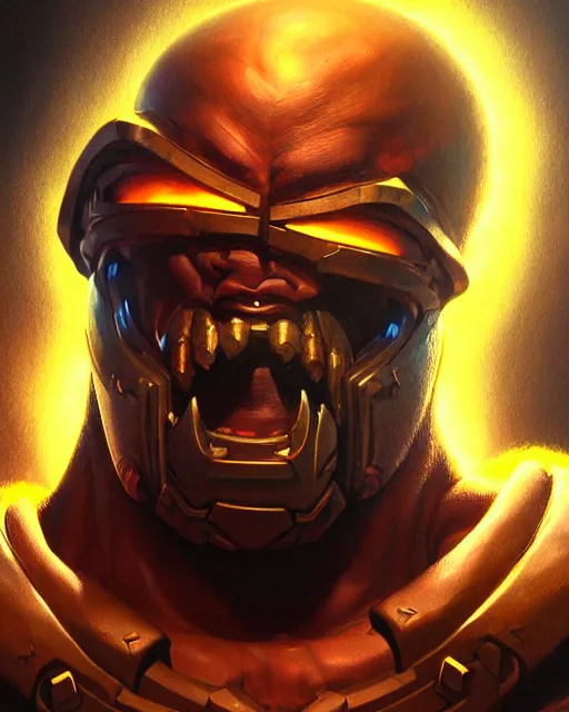 Image similar to doomfist from overwatch, fantasy, fantasy art, character portrait, portrait, close up, highly detailed, intricate detail, amazing detail, sharp focus, vintage fantasy art, vintage sci - fi art, radiant light, caustics, by boris vallejo