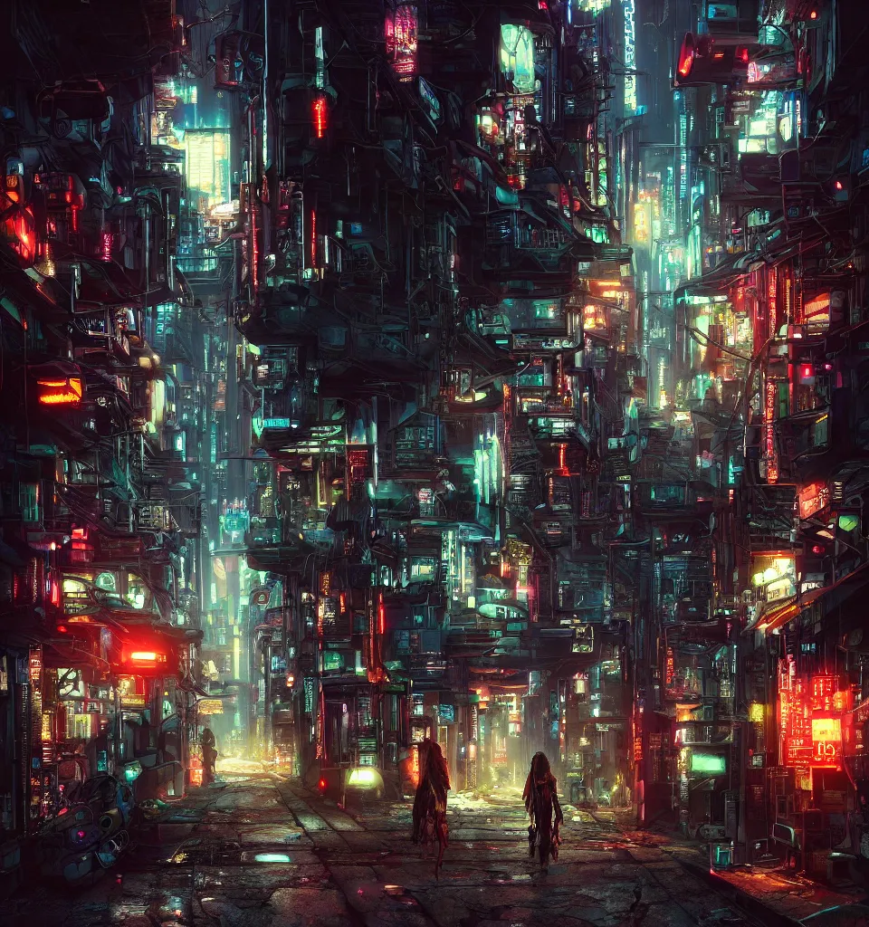 Image similar to back alley road in a cyberpunk metropolis, cinematic, highly detailed, octane render, rich cinematic atmosphere, perfect digital art, mystical journey in strange world, cyberpunk, sci - fi, surreal, glowing lights, sharp focus, high detailed, by akihiko yoshida, michael whelan and karol bak