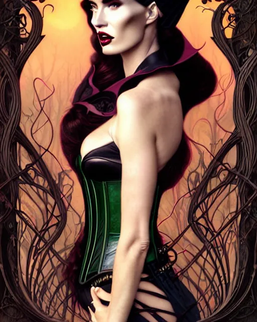 Image similar to new art nouveau portrait of fantasy succubus maleficent megan fox wearing a leather corset in a magical forest, anna dittmann, moebius, wlop, artgerm, patrick nagle, charlie bowater and loish. long windblown hair, ultrasharp focus, dramatic lighting, barbwire vine arches, photorealistic digital matte painting, intricate.