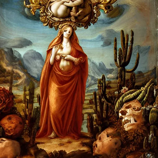 Prompt: detailed realistic michael angelo painting of glowing full body elegant ornamented virgin mary saint golden skull face dressed in fancy rococo attire standing over a roman gold-made pedestal in a barren land with cactus. stormy weather. apocalypsis. skleletons roses and serpents on the floor