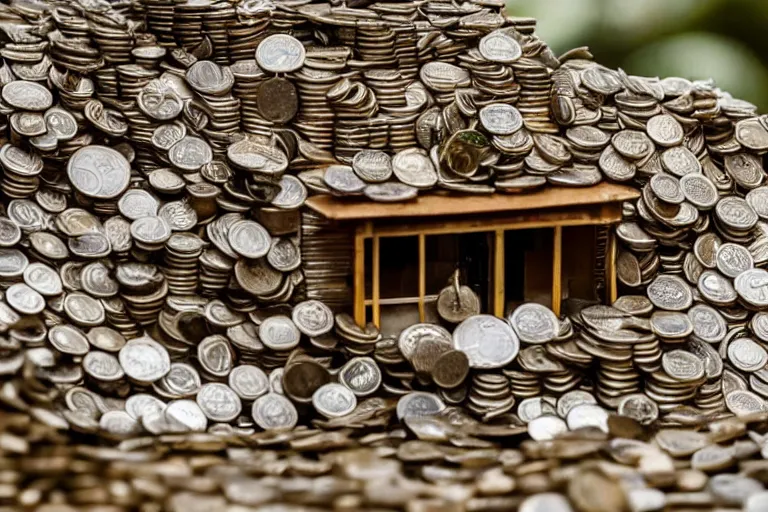 Image similar to a house, under construction, made of money, with piles of coins around it