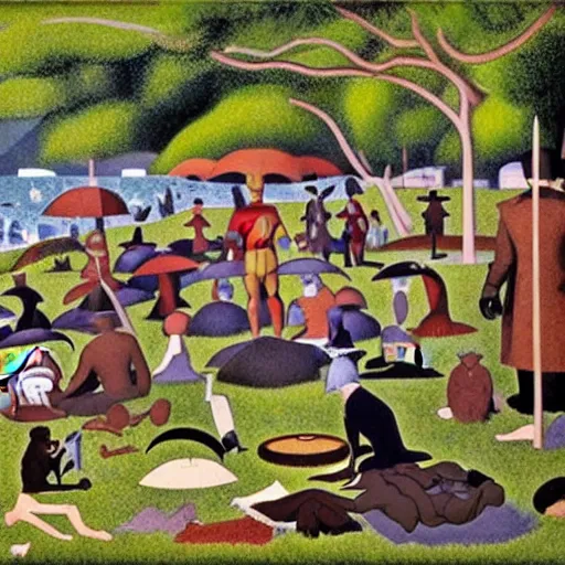 Image similar to avengers characters in a sunday afternoon on the island of la grande jatte