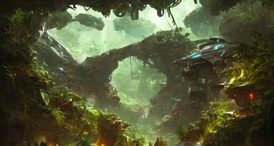 Image similar to crushed alien spaceship in jungle, concept art by darek zabrocki, tyler edlin, jordan grimmer, neil blevins, james paick, natasha tan, highly detailed, ultra detailed, ultra realistic, trending on artstation