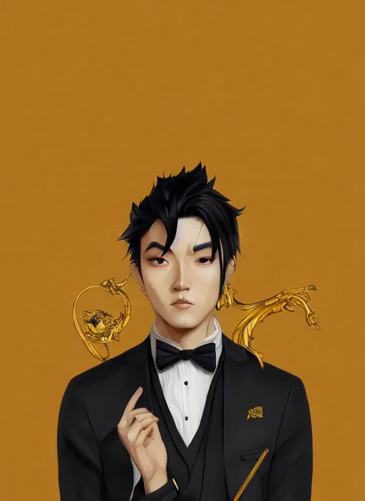 Image similar to a highly detailed illustration of young attractive black haired asian guy wearing black suit and tie with coattails, yellow eyes, dramatic elegant pose, strings background, intricate, elegant, highly detailed, centered, digital painting, artstation, concept art, smooth, sharp focus, league of legends concept art, wlop.