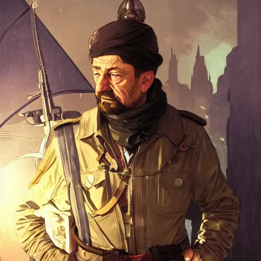 Image similar to [dieselpunk Melenchon as president of France as GTA character, mystic hermit, closeup, D&D, intricate, elegant, highly detailed, digital painting, artstation, concept art, matte, sharp focus, illustration, art by Artgerm and Greg Rutkowski and Alphonse Mucha]